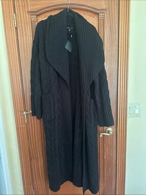 JLUXLABEL Long Black Cable Knit Open-Front Cardigan